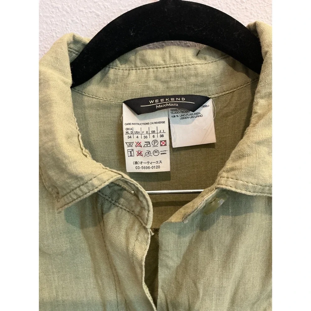 Weekend Max Mara Linen Lagenlook Olive Green Shirt Midi Dress Size 4 - Picture 8 of 8